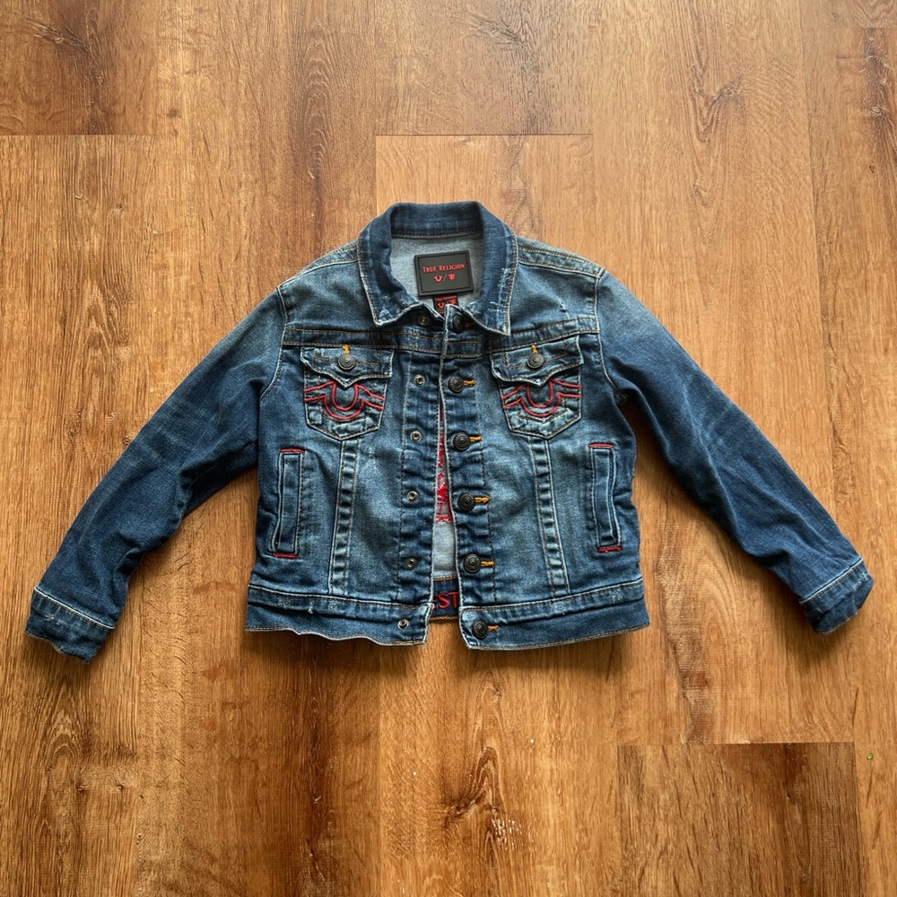True Religion Manchester United Kids Denim Jean Jacket Embroidered Blue Red 4T